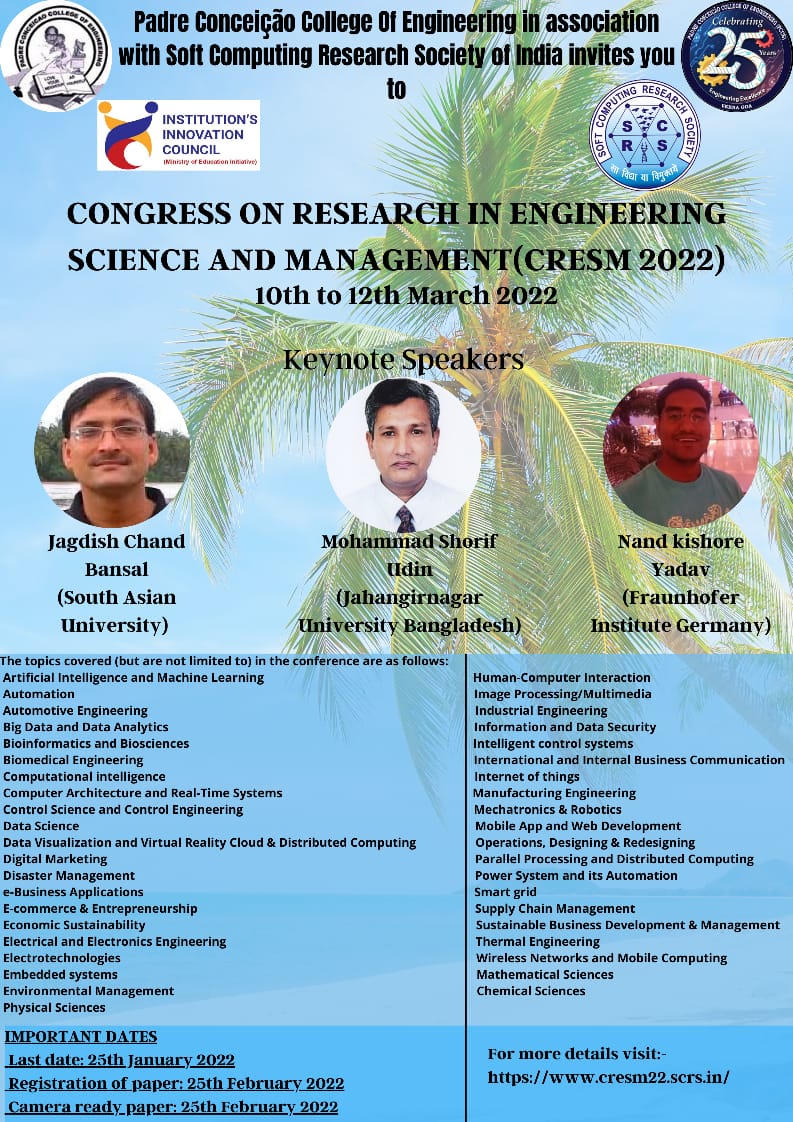 Read more about the article CONGRESS ON RESEARCH IN ENGINEERING, SCIENCE AND MANAGEMENT (CRESM 2022) FROM MARCH 10TH TO 12TH 2022